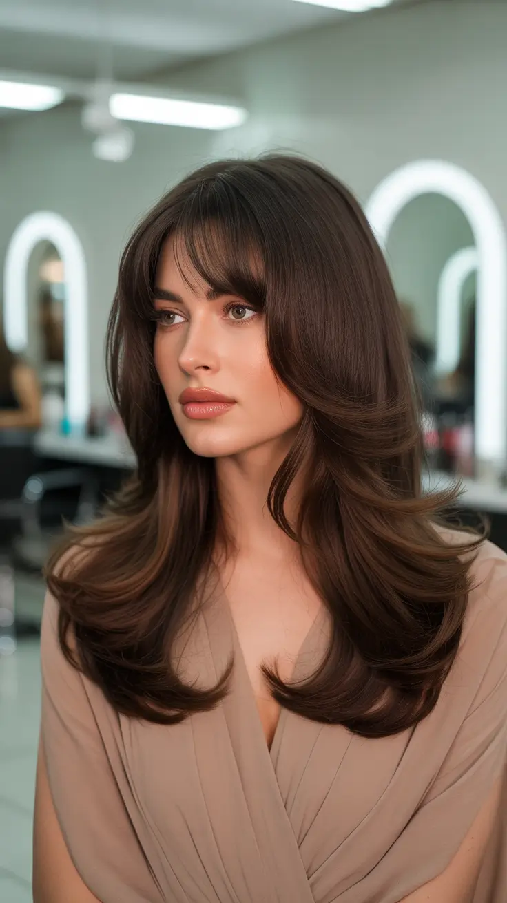 Cool dark brown hair color 2026 Layered Brunette With Airy Volume