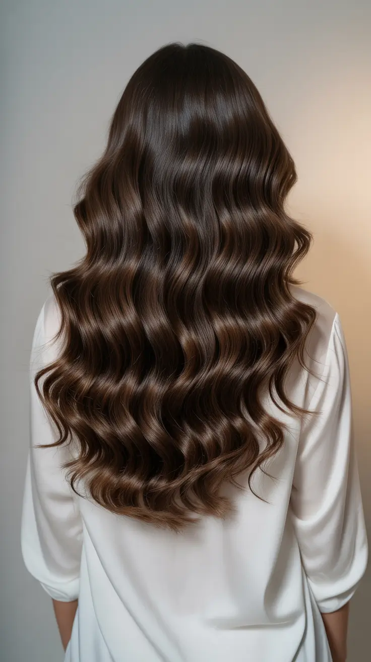 Cool dark brown hair color 2026 Velvet Brunette Waves With Mirror Shine