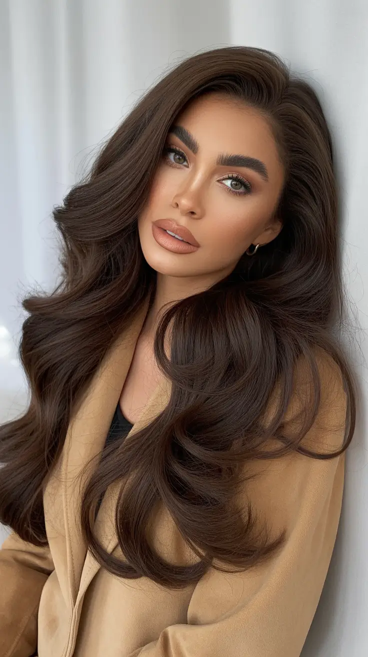 Cool dark brown hair color 2026 Voluminous Cool Brunette With Soft Glam Texture