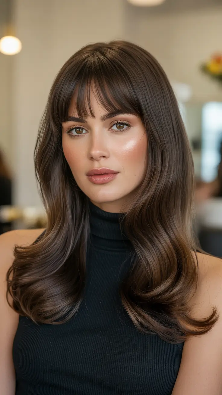 Cool dark brown hair color 2026 Textured Layers With Mushroom Dimension