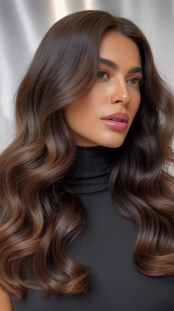 Cool dark brown hair color 2026 Rich Chocolate Balayage Waves