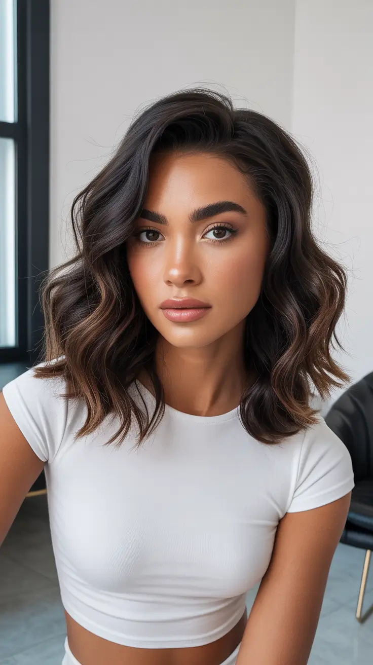 Cool dark brown hair color 2026 Soft Dimensional Bob With Cool Highlights