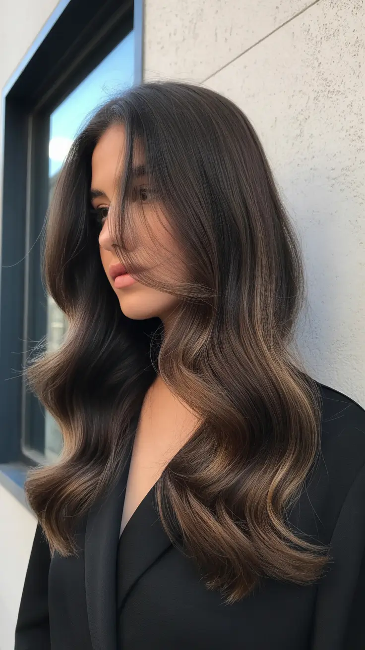 Cool dark brown hair color 2026 Ash-Balayage Brunette Perfection