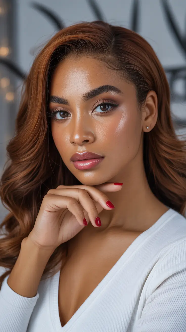 cool hair color for brown skin 2026 Glossy Copper Perfection