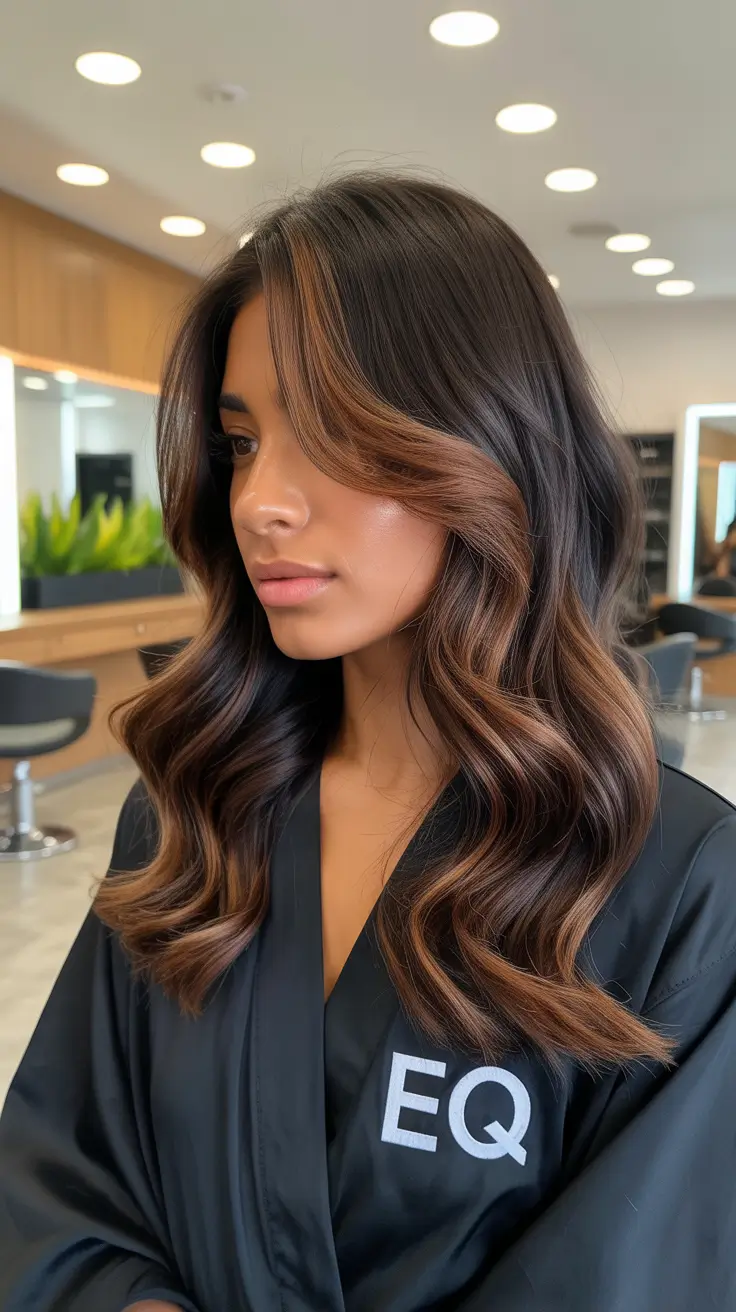 cool hair color for brown skin 2026 Warm Espresso Balayage