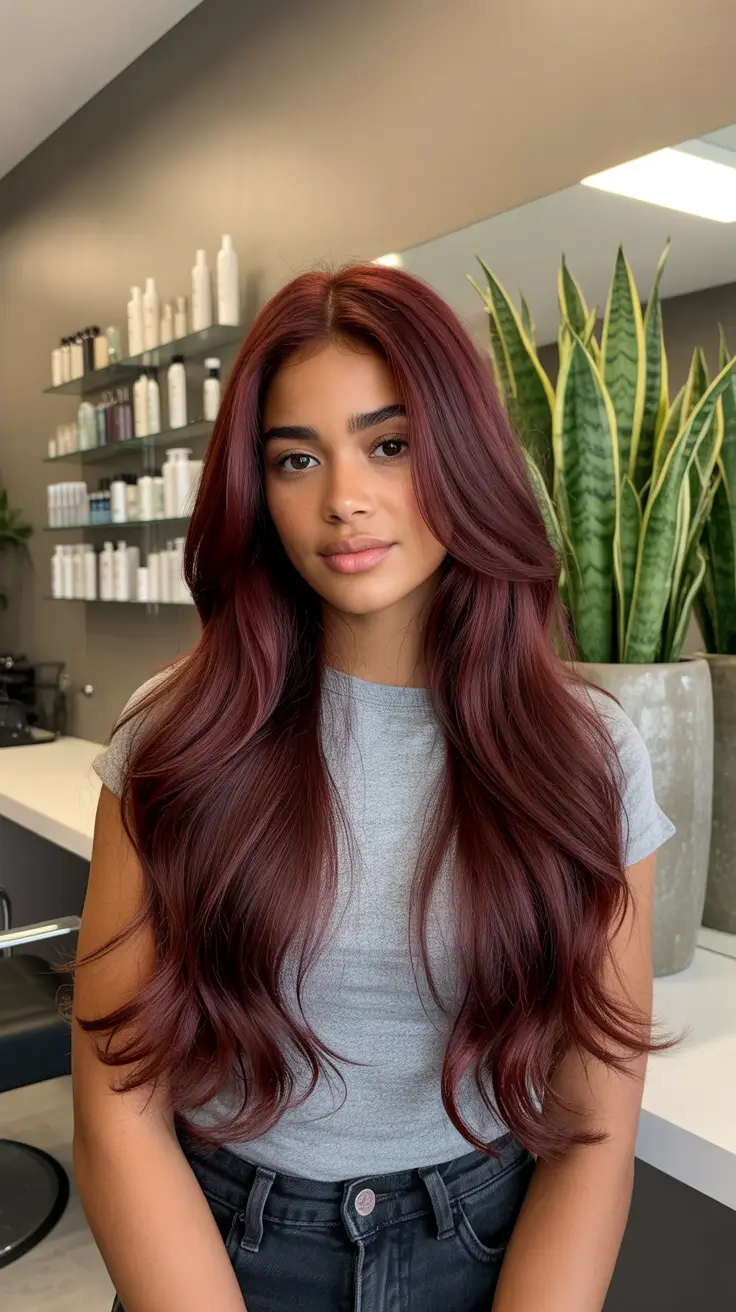 cool hair color for brown skin 2026 Velvety Burgundy Flow