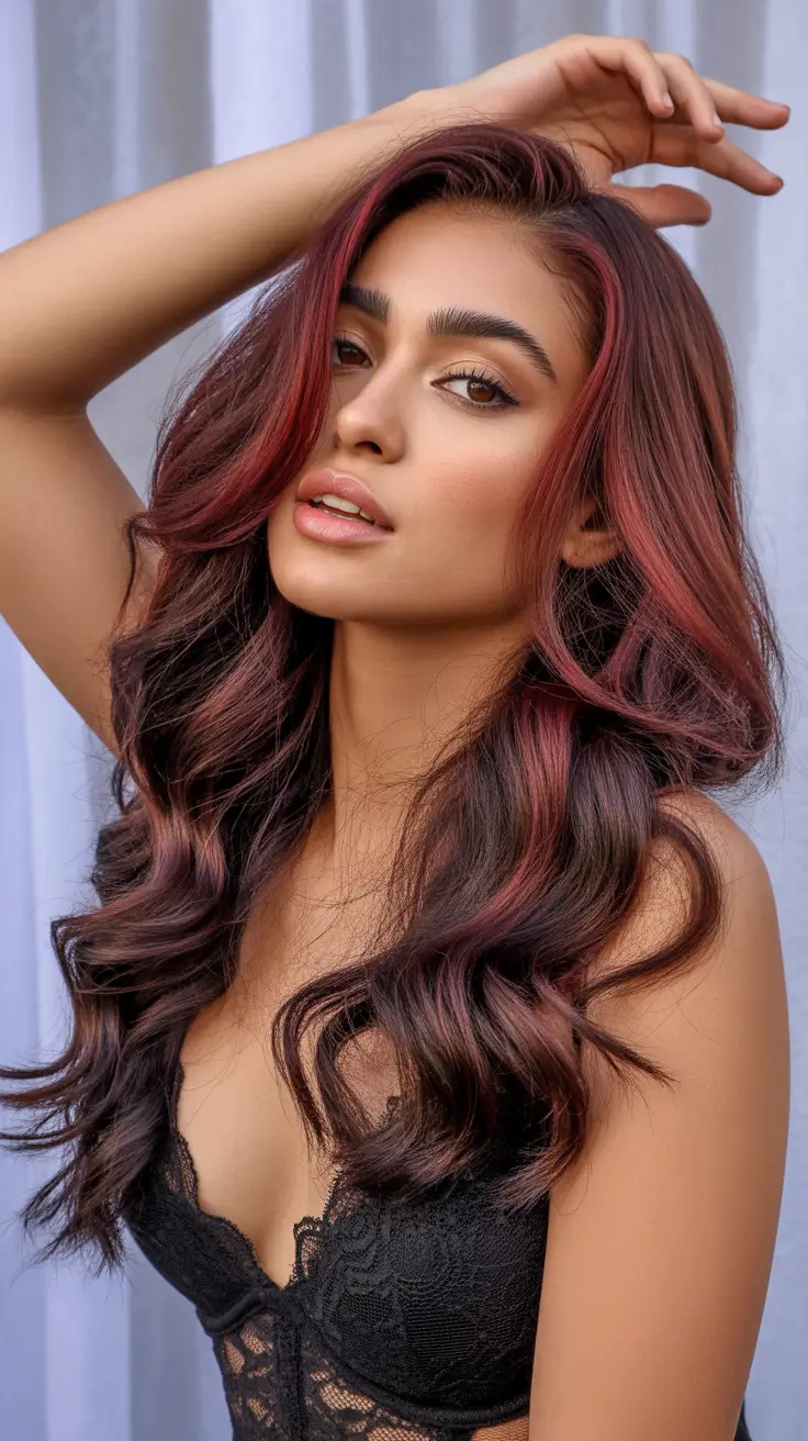 cool hair color for brown skin 2026 Berry Balayage Glam