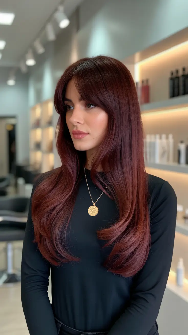 cool hair color for brown skin 2026 Crimson with Curtain Bangs