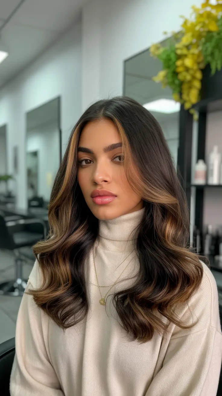 cool hair color for brown skin 2026 Soft Brunette with Money Piece Highlights