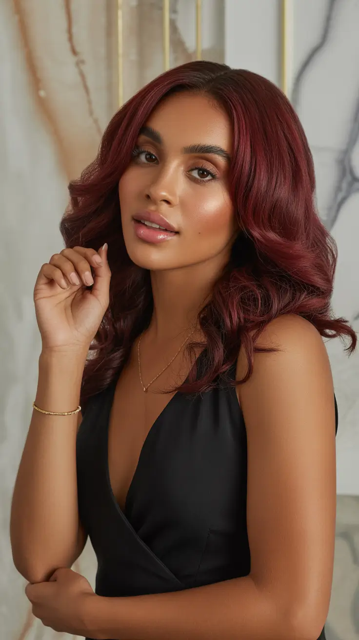 cool hair color for brown skin 2026 Merlot Waves with Dimensional Depth
