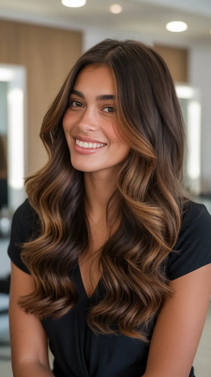 cool hair color for brown skin 2026 Balayage Glow on Long Layers