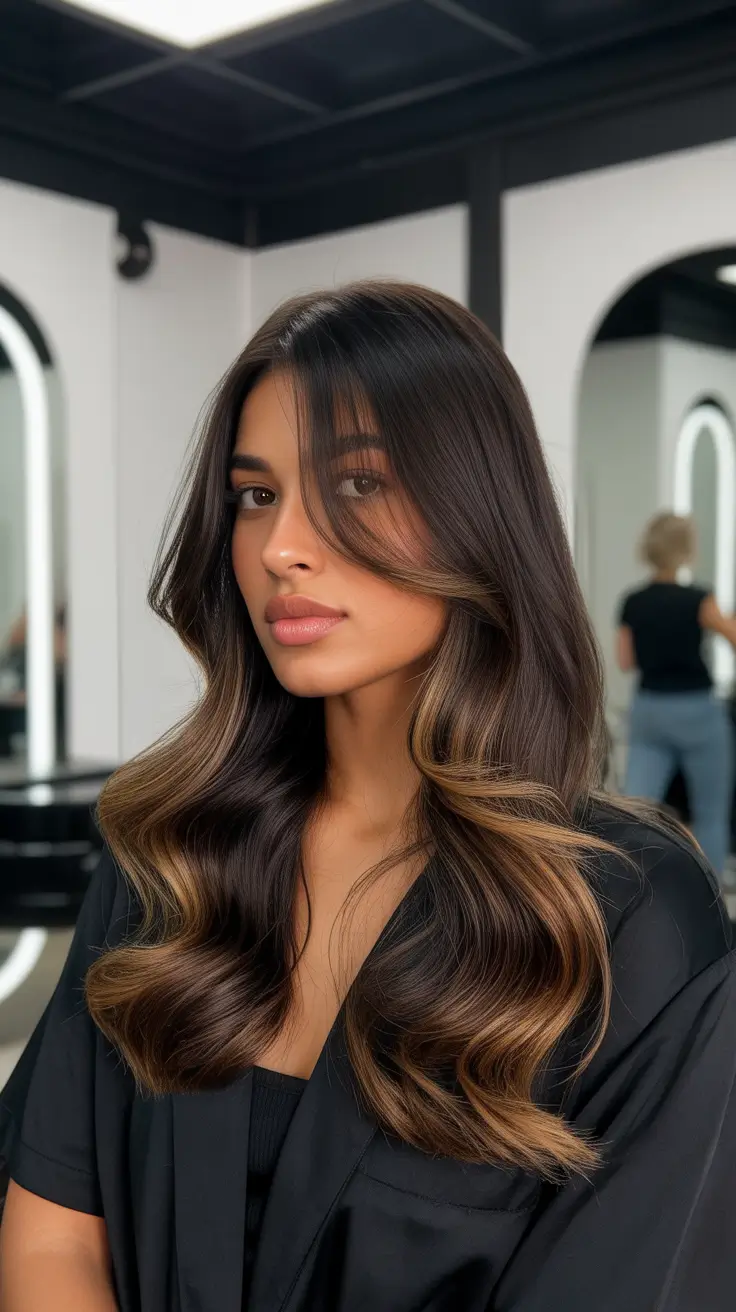 cool hair color for brown skin 2026 Mocha Melt with Face-Framing Elegance