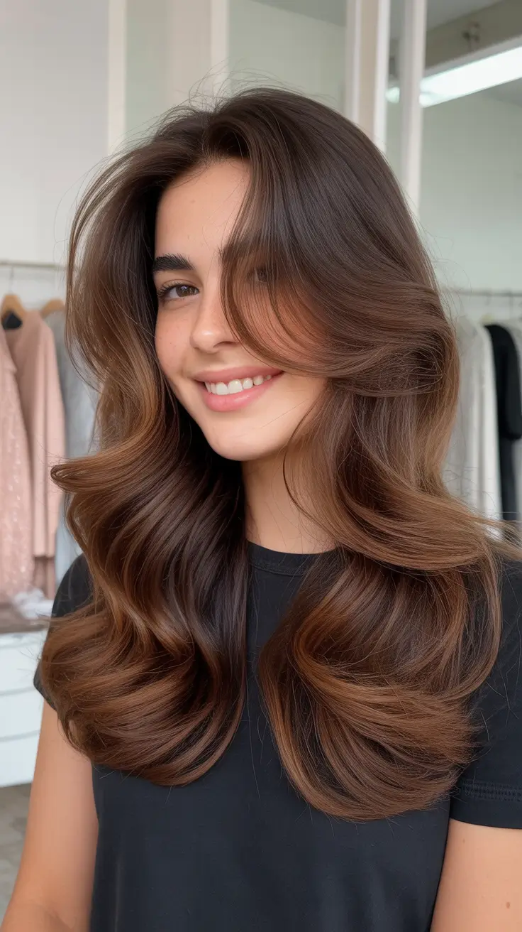 cool hair color for brown skin 2026 Soft Chestnut Volume