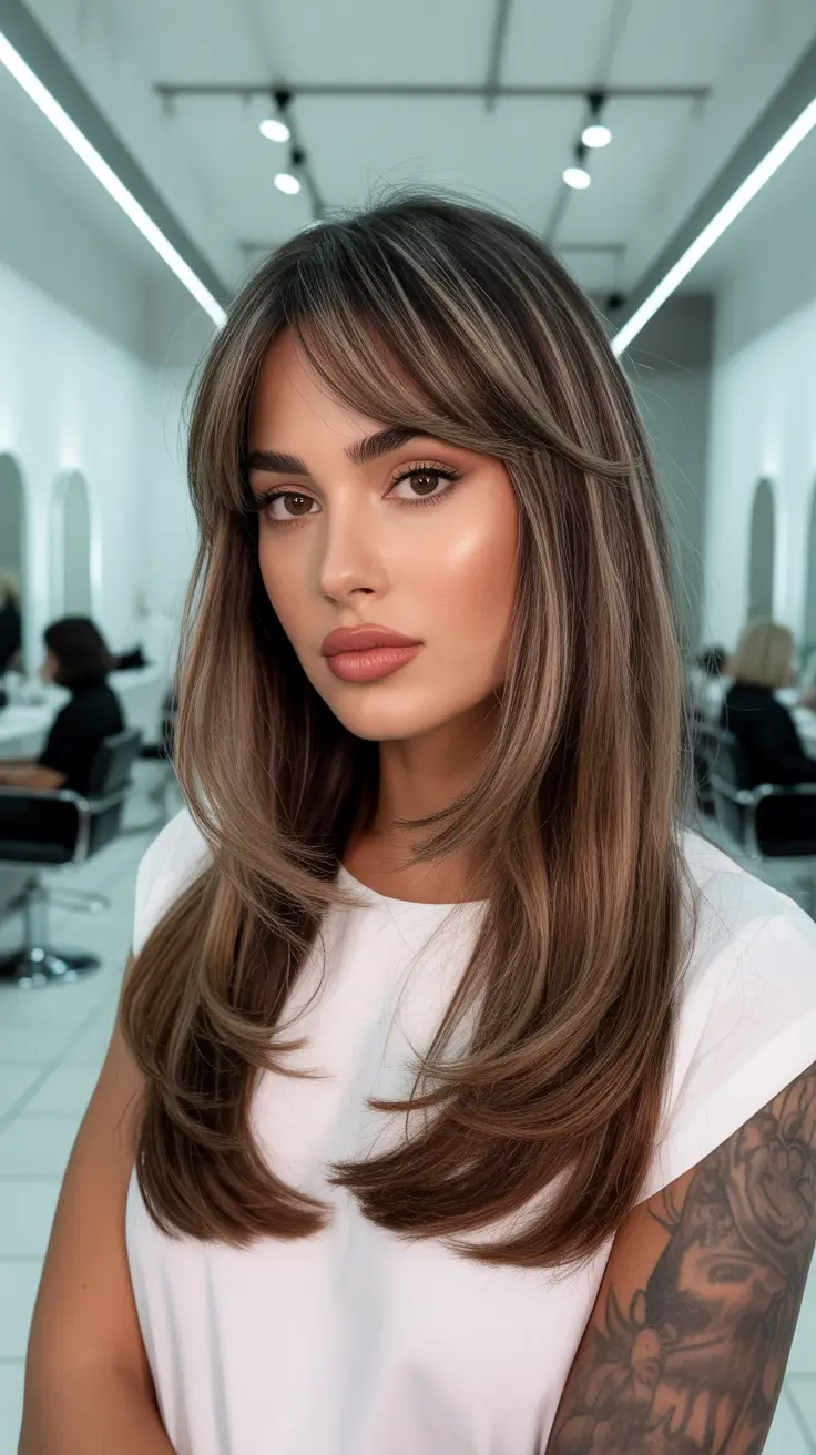 Cool-tone brunette hair color 2026 Smoky Layered Brunette with Face-Framing Bangs