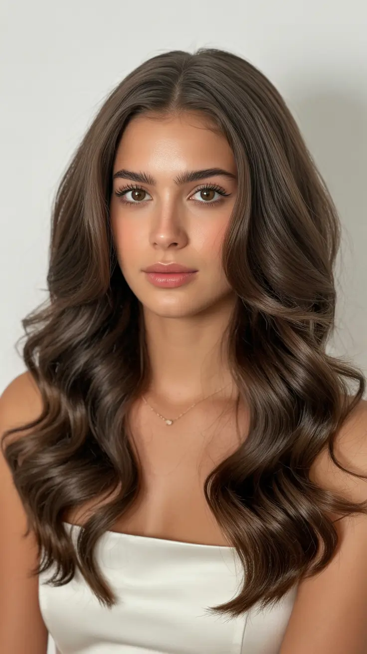 Cool-tone brunette hair color 2026 Voluminous Latte Brunette with Subtle Highlights