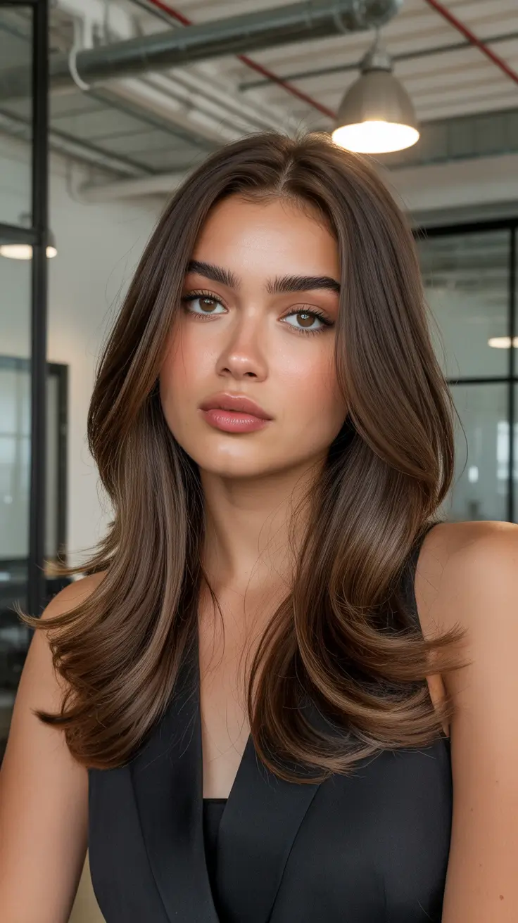 Cool-tone brunette hair color 2026 Neutral Brunette with Soft Round Layers