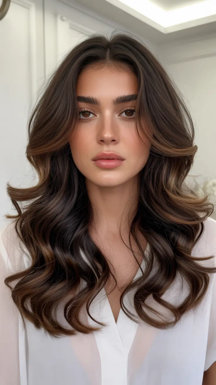 Cool-tone brunette hair color 2026 Dimensional Brunette with Light Highlights