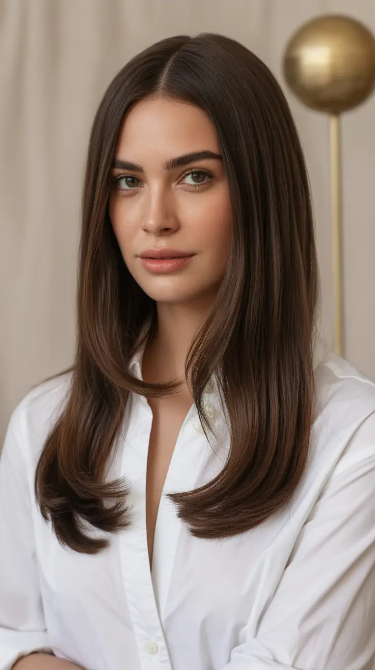 Cool-tone brunette hair color 2026 Polished Straight Brunette with Soft Layers