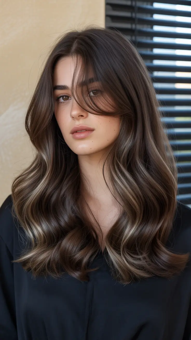 Cool-tone brunette hair color 2026 Soft Waves with Ash-Toned Brunette Dimension
