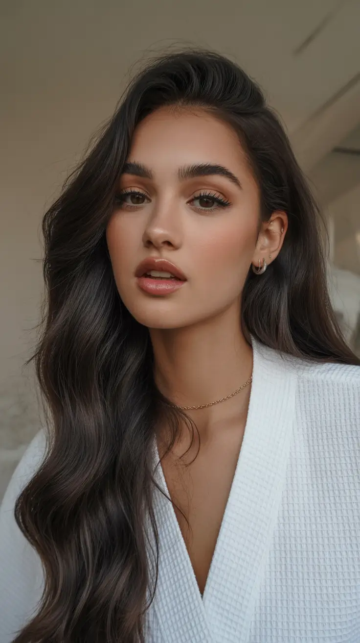 Cool-tone brunette hair color 2026 Rich Dark Brunette with Luxurious Volume