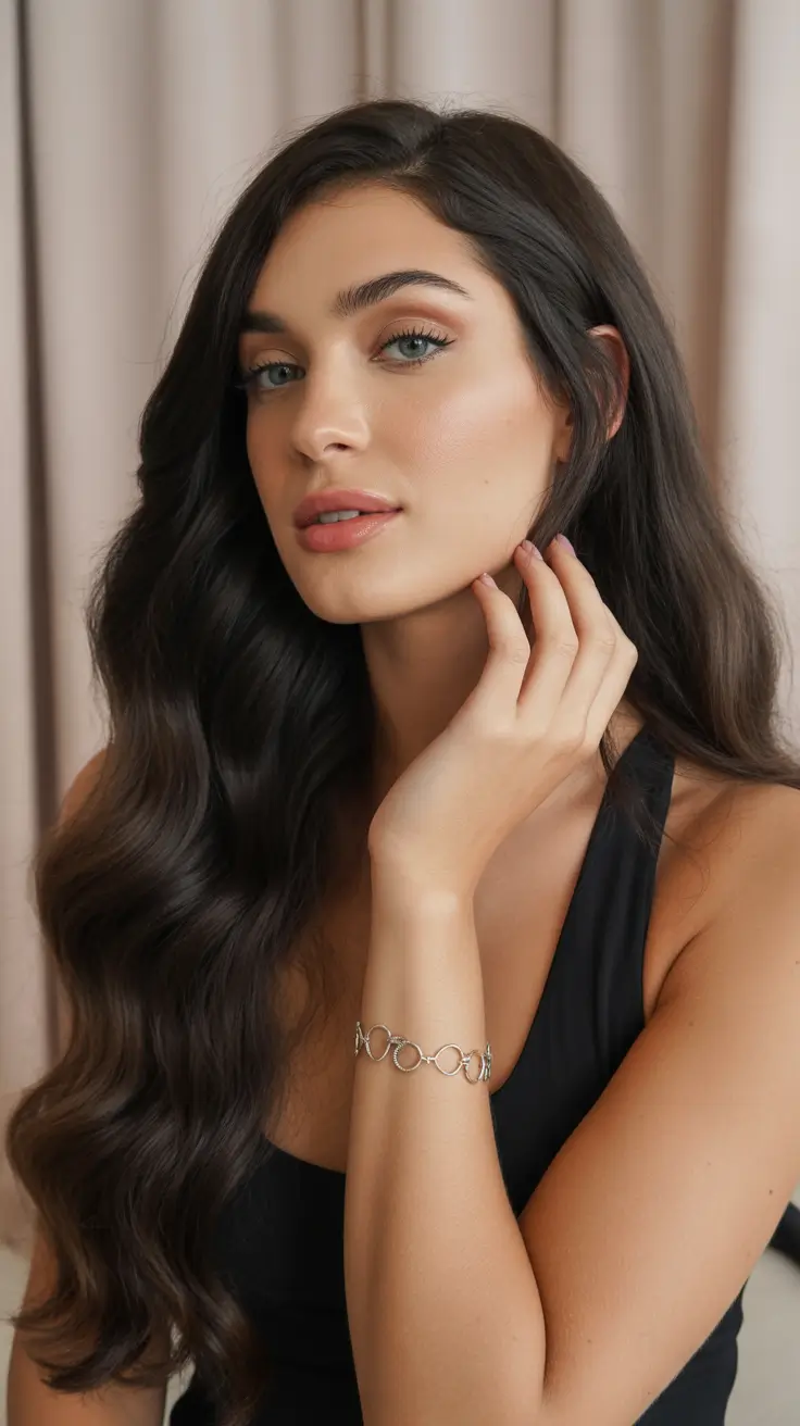 Cool-tone brunette hair color 2026 Glossy Espresso Brunette with Long Curls