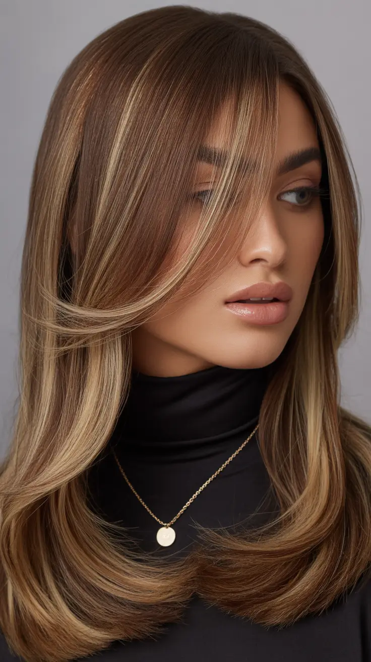 Effortless hair color ideas 2026 Honey-Toned Layers with Bangs