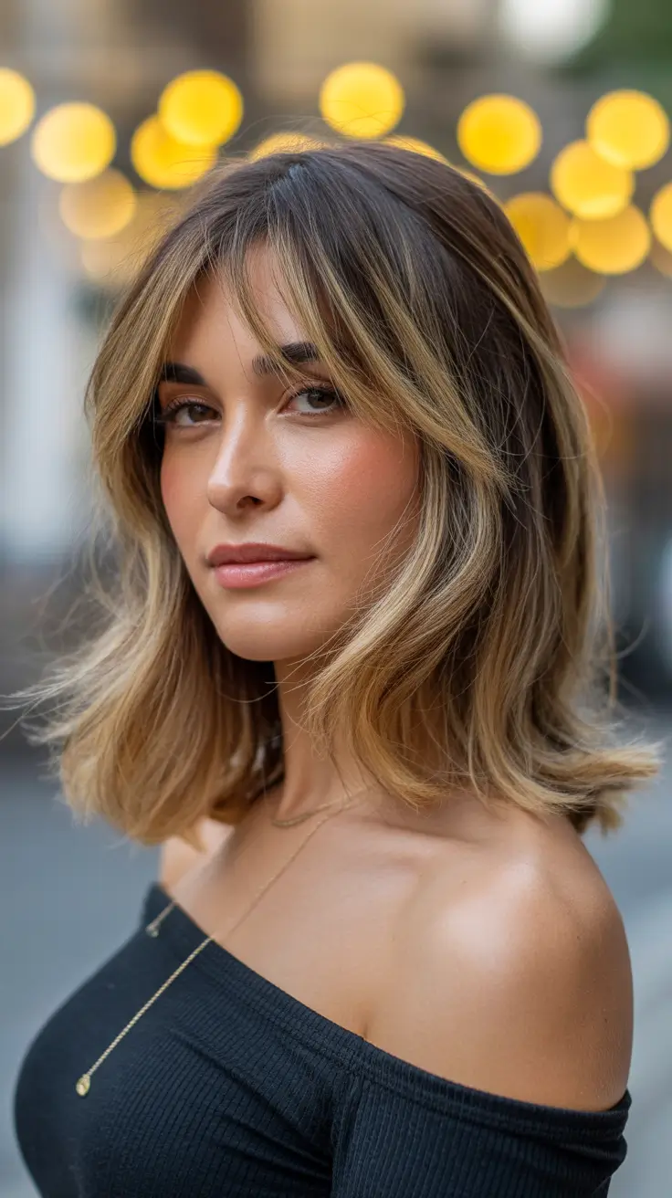 Effortless hair color ideas 2026 Honey Brunette with Curtain Bangs
