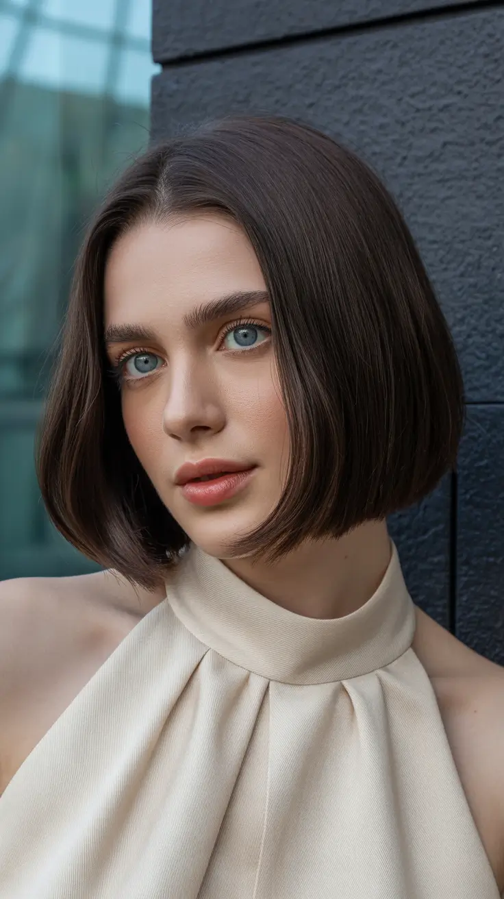 Modern bob haircut styles 2026 Rounded Espresso Bob with Soft Texture