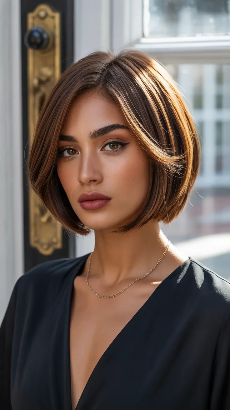 Modern bob haircut styles 2026 Warm Brunette Bob with Dimensional Layers
