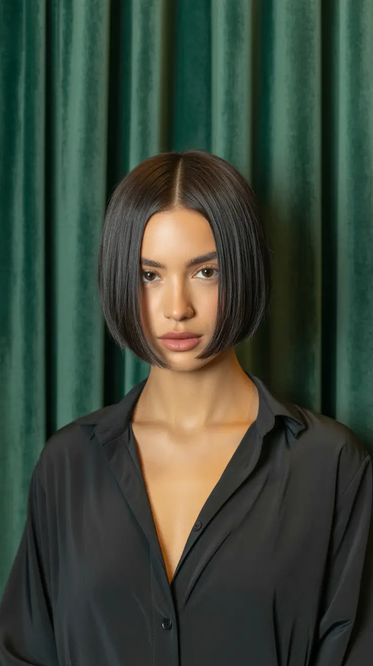 Modern bob haircut styles 2026 Ultra-Gloss Black Bob with Geometric Precision