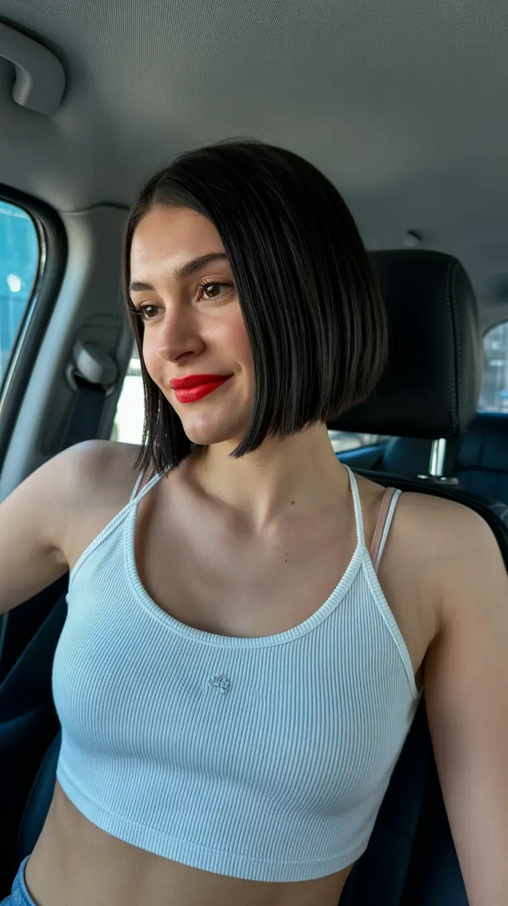 Modern bob haircut styles 2026 Effortless Chic Short Bob with Red Lip Energy