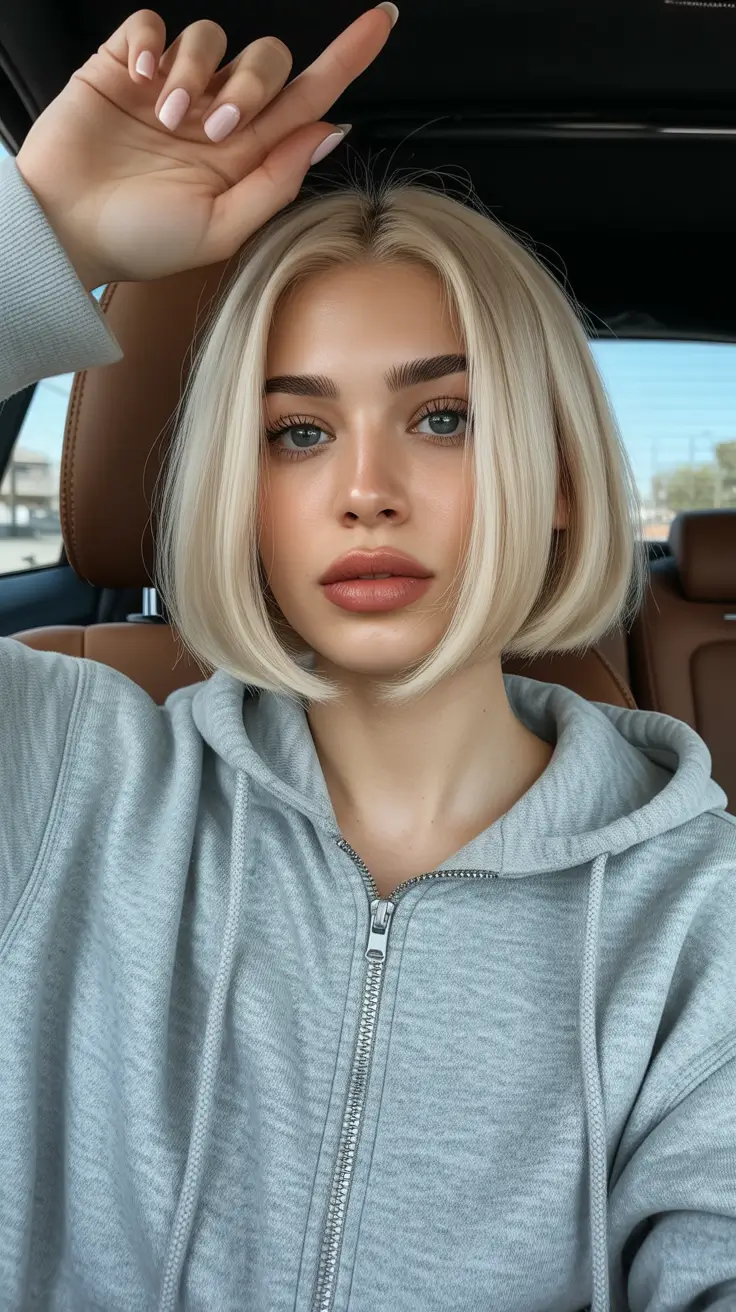 Modern bob haircut styles 2026 Futuristic Platinum Bob with Curtain Bangs