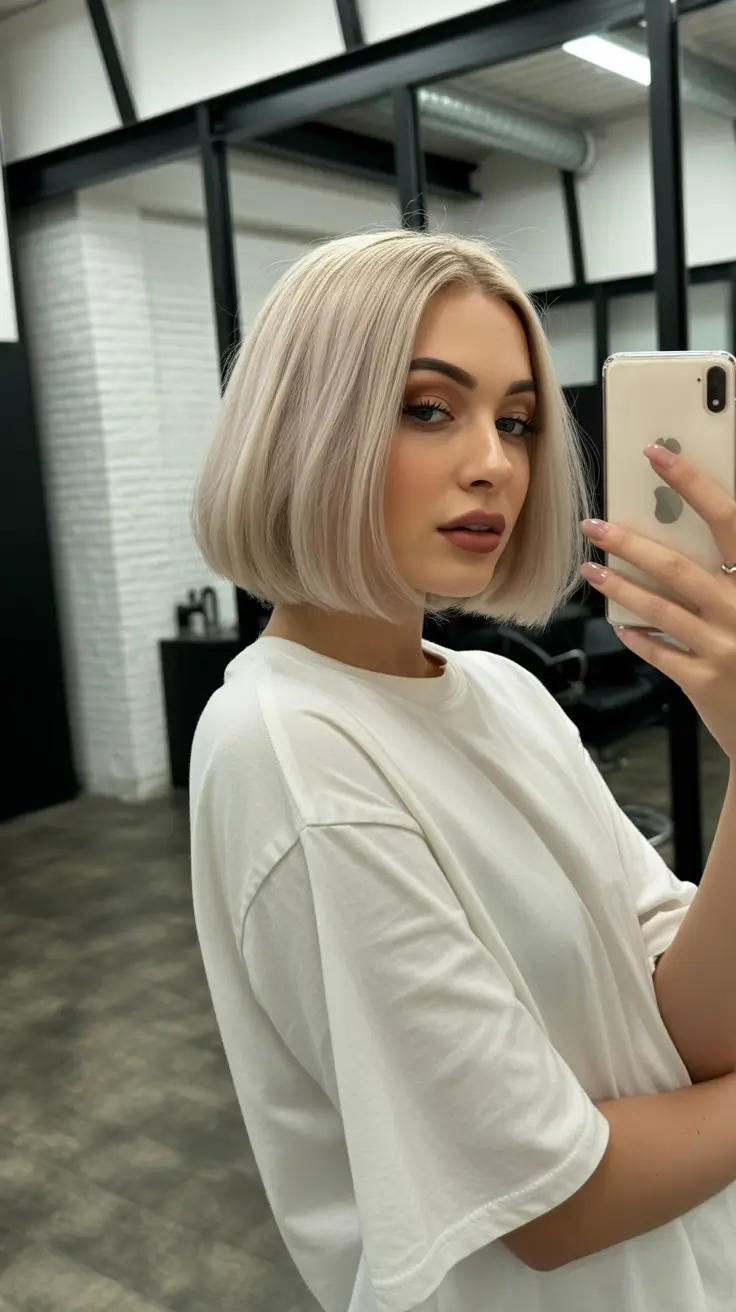 Modern bob haircut styles 2026 Silky Pearl Blonde Bob with Understated Volume