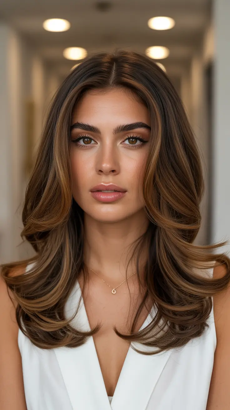 Modern hair color palette 2026 Caramel Brunette Layers