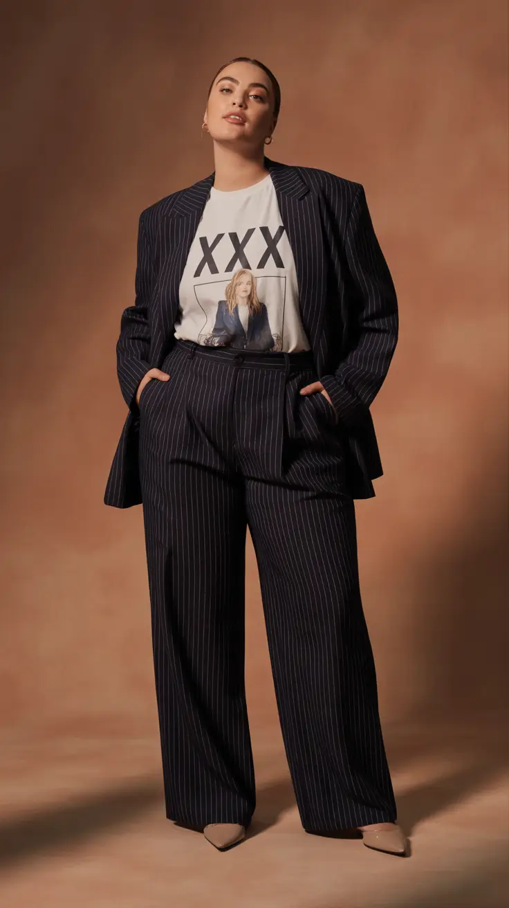plus-size-outfits-for-women-2026 Pinstripe Power