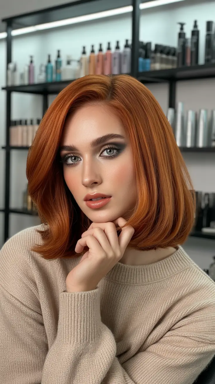 Rich auburn hair color ideas 2026 Copper Glow Bob