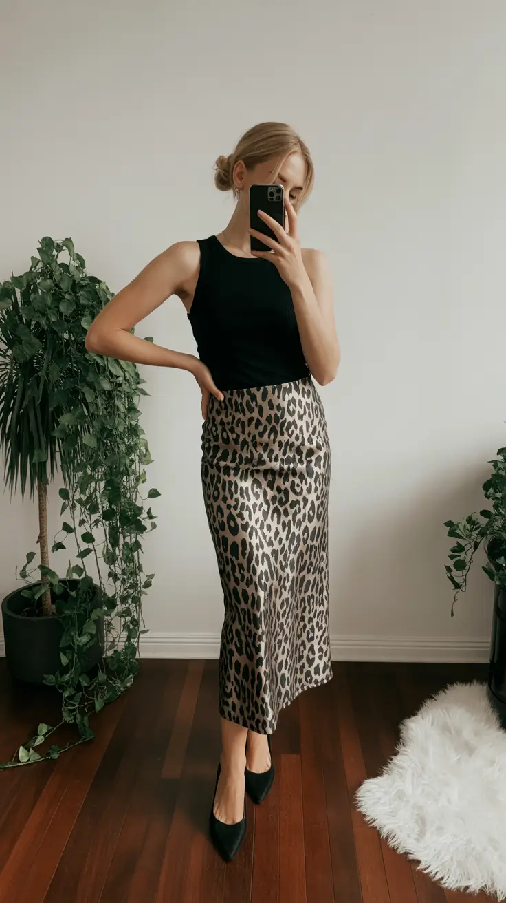 skirt outfits for women 2026 Leopard Satin Elegance