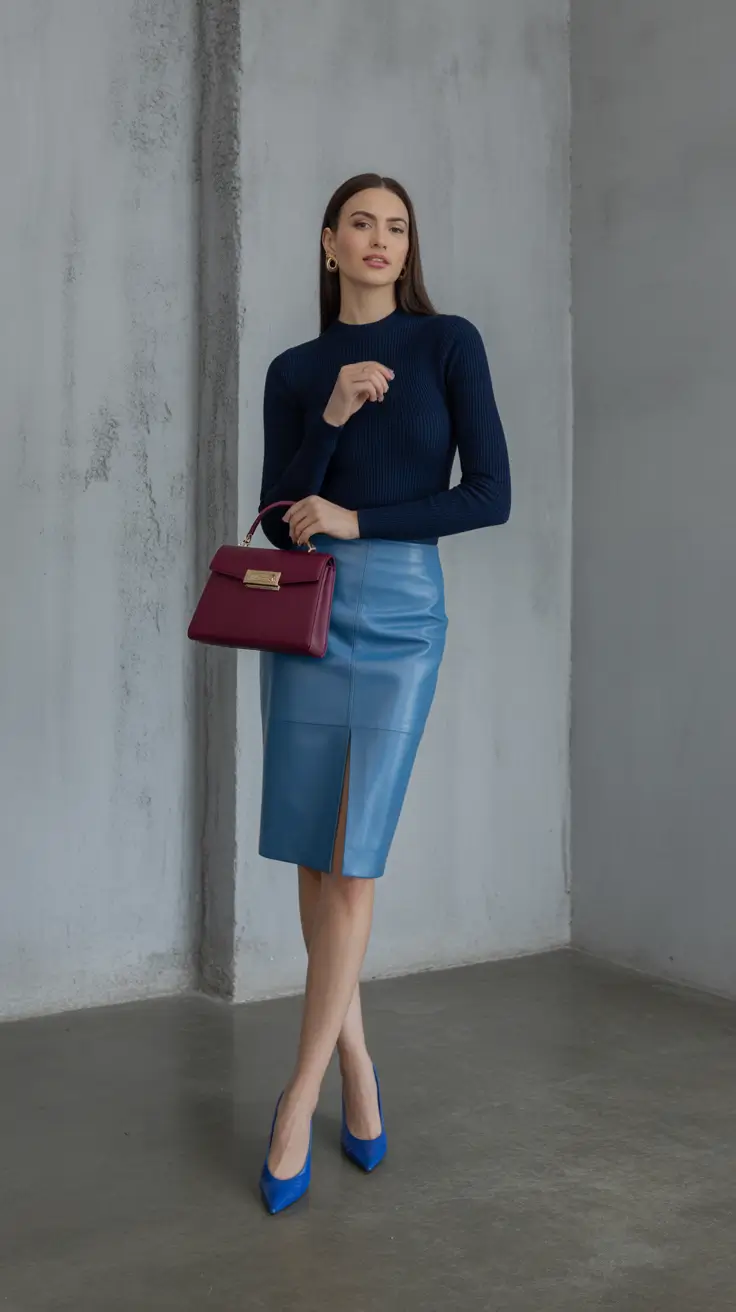 skirt outfits for women 2026 Blue Leather Precision