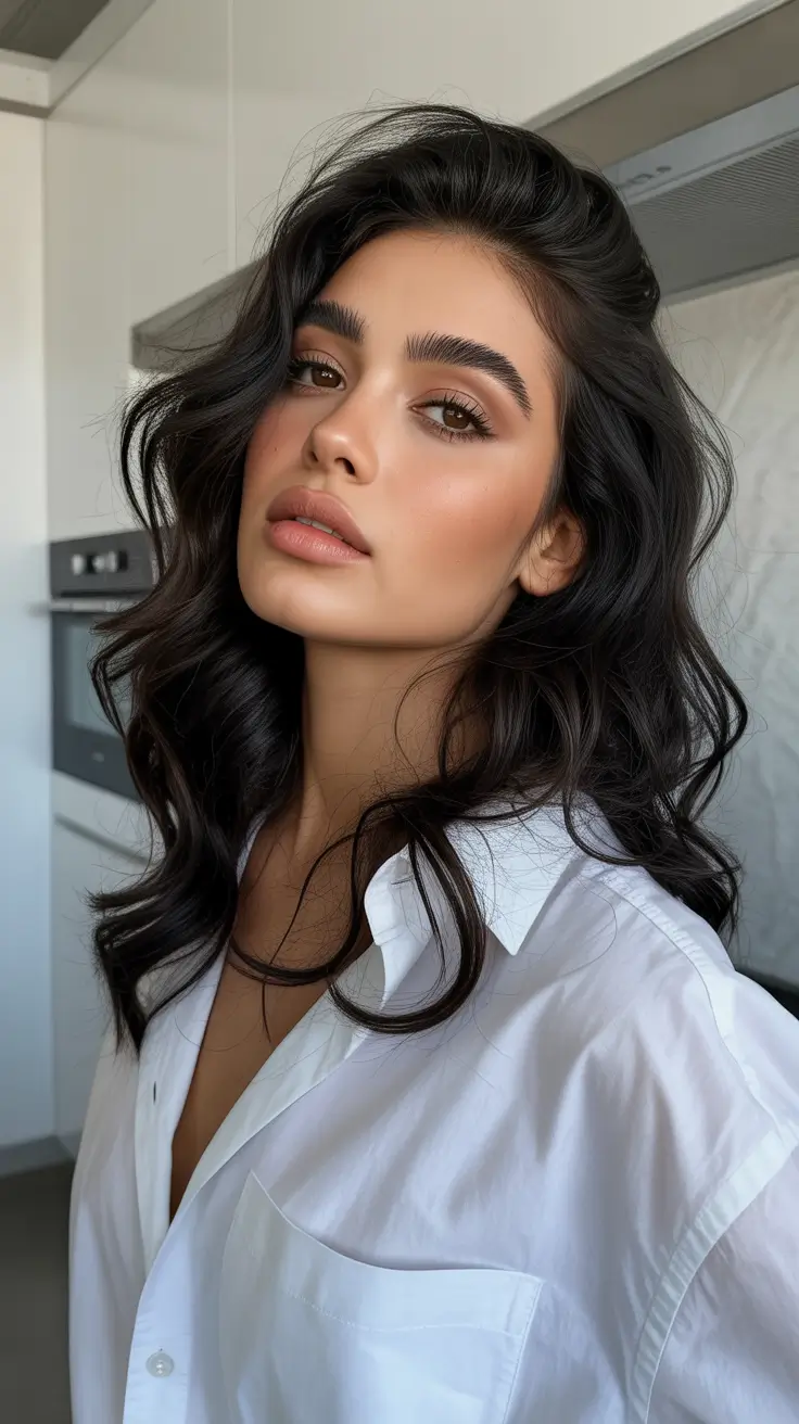 Soft hair color ideas to look younger 2026 Soft Espresso Brunette with Voluminous Waves