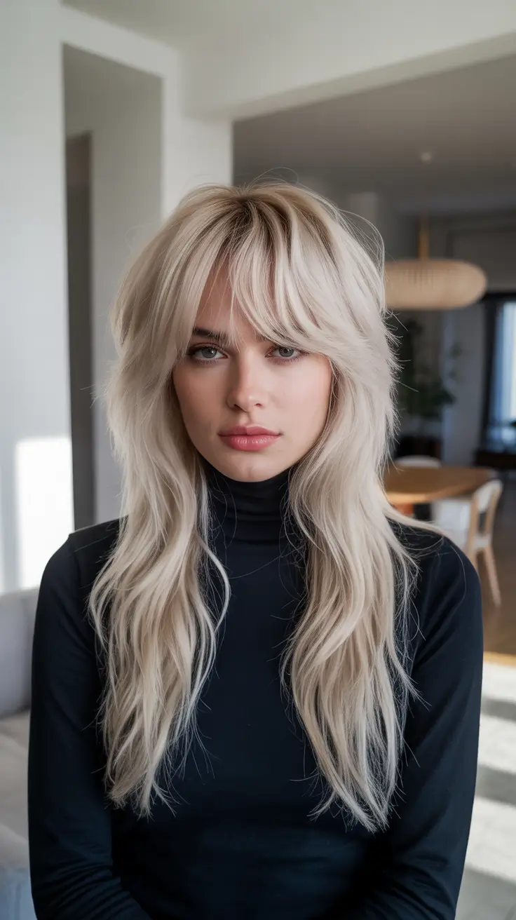 Soft hair color ideas to look younger 2026 Platinum Shag with Soft Bangs
