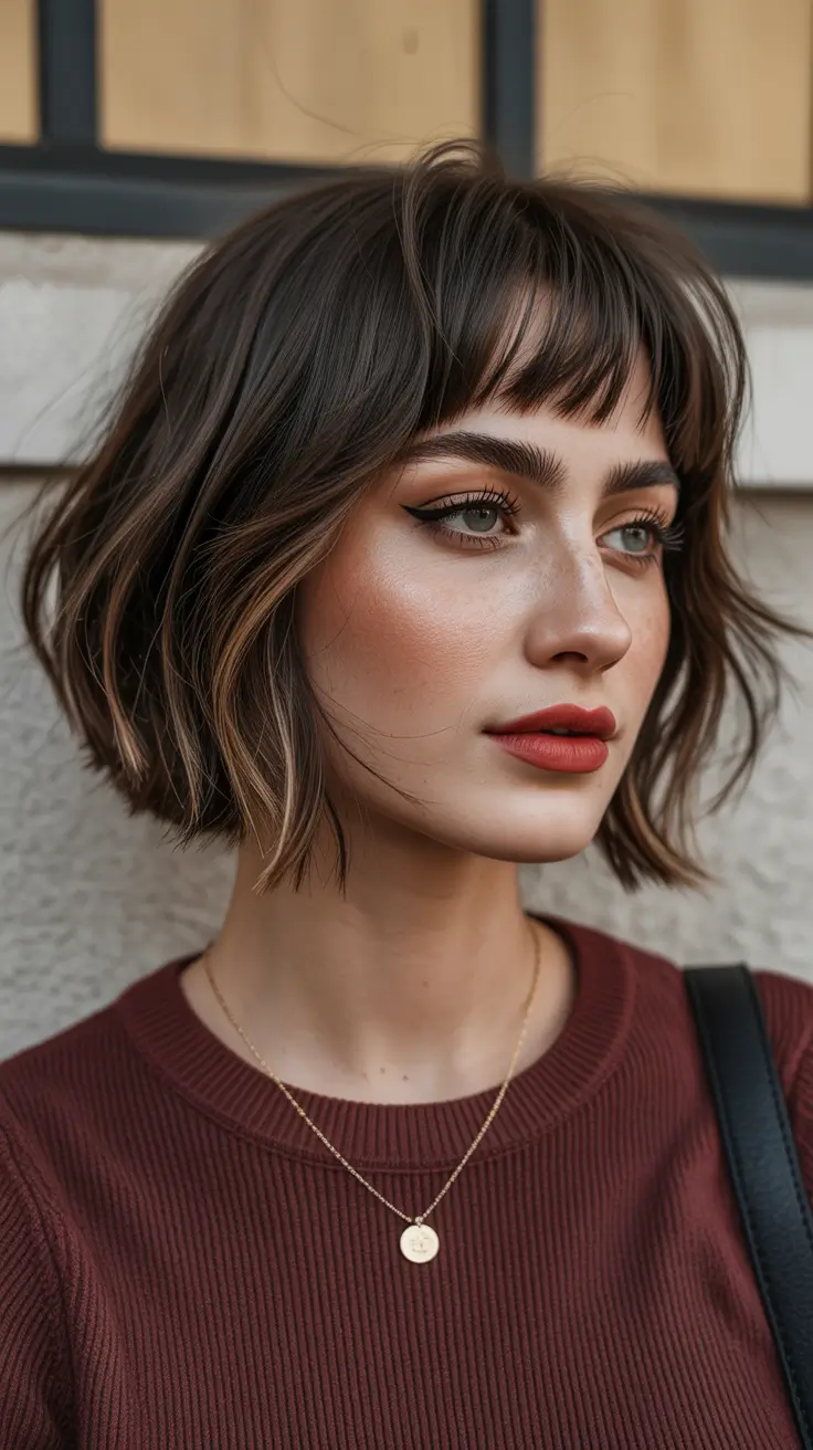 Soft hair color ideas to look younger 2026 Soft Mocha Bob with Baby Highlights