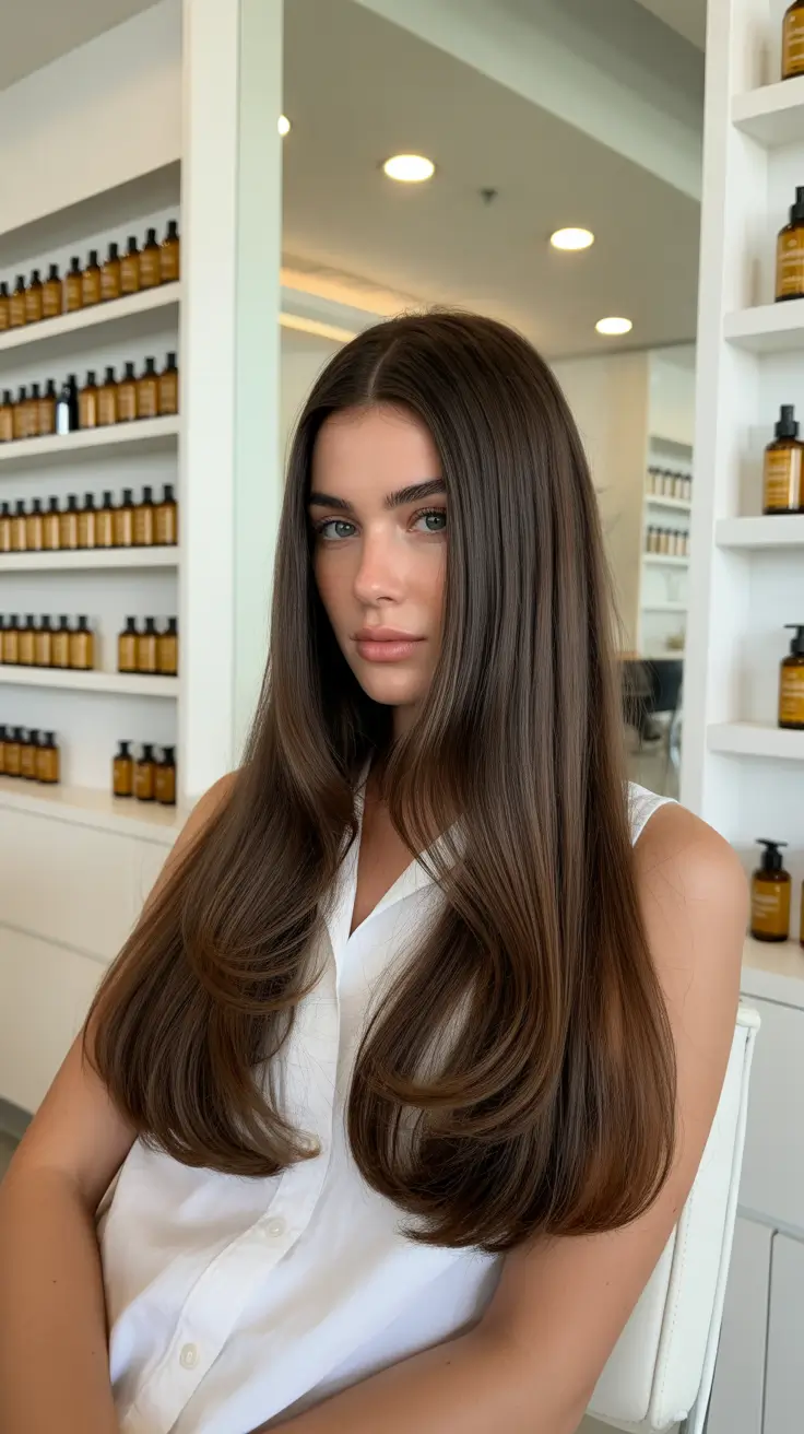 Soft hair color ideas to look younger 2026 Glossy Cocoa Perfection