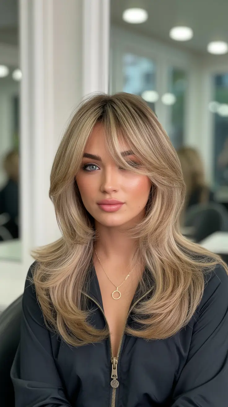 Soft hair color ideas to look younger 2026 Buttercream Blonde Layers with Curtain Bangs