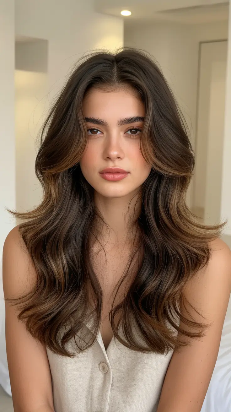 Soft hair color ideas to look younger 2026 Chocolate Balayage with Caramel Veil
