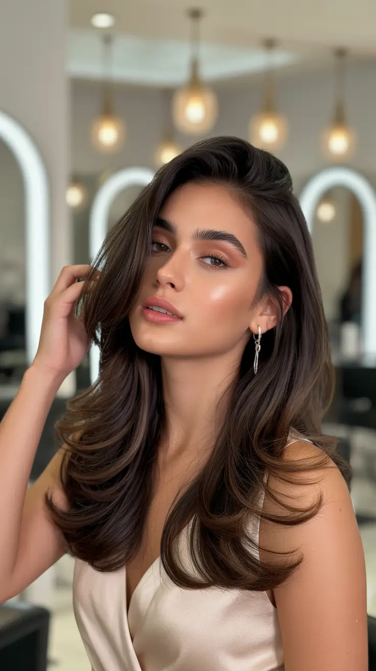 Soft hair color ideas to look younger 2026 Glossy Espresso Layers