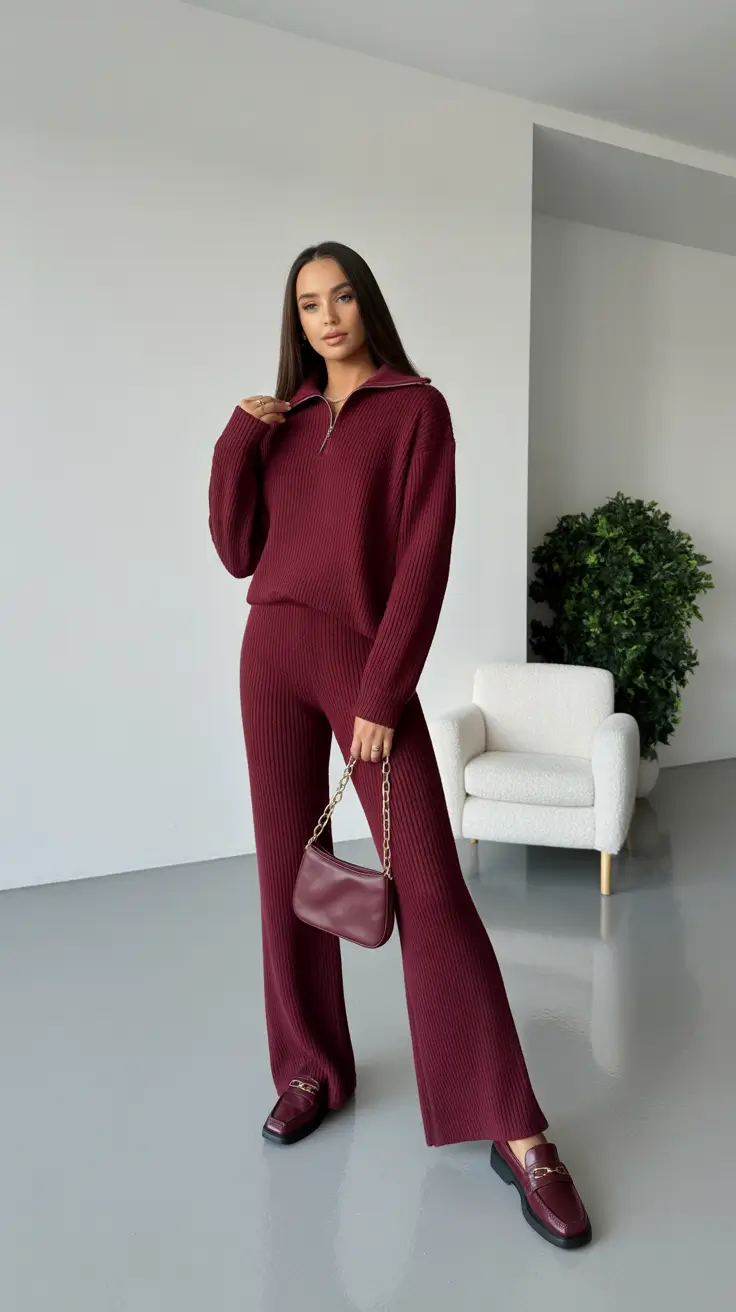 Stylish first date outfits 2026 Burgundy Knit Set Vibes