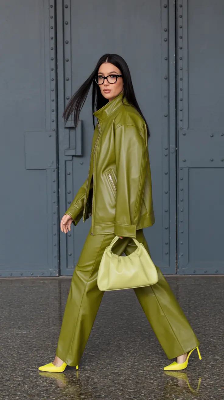 Stylish New York outfits 2026 Green Leather Confidence