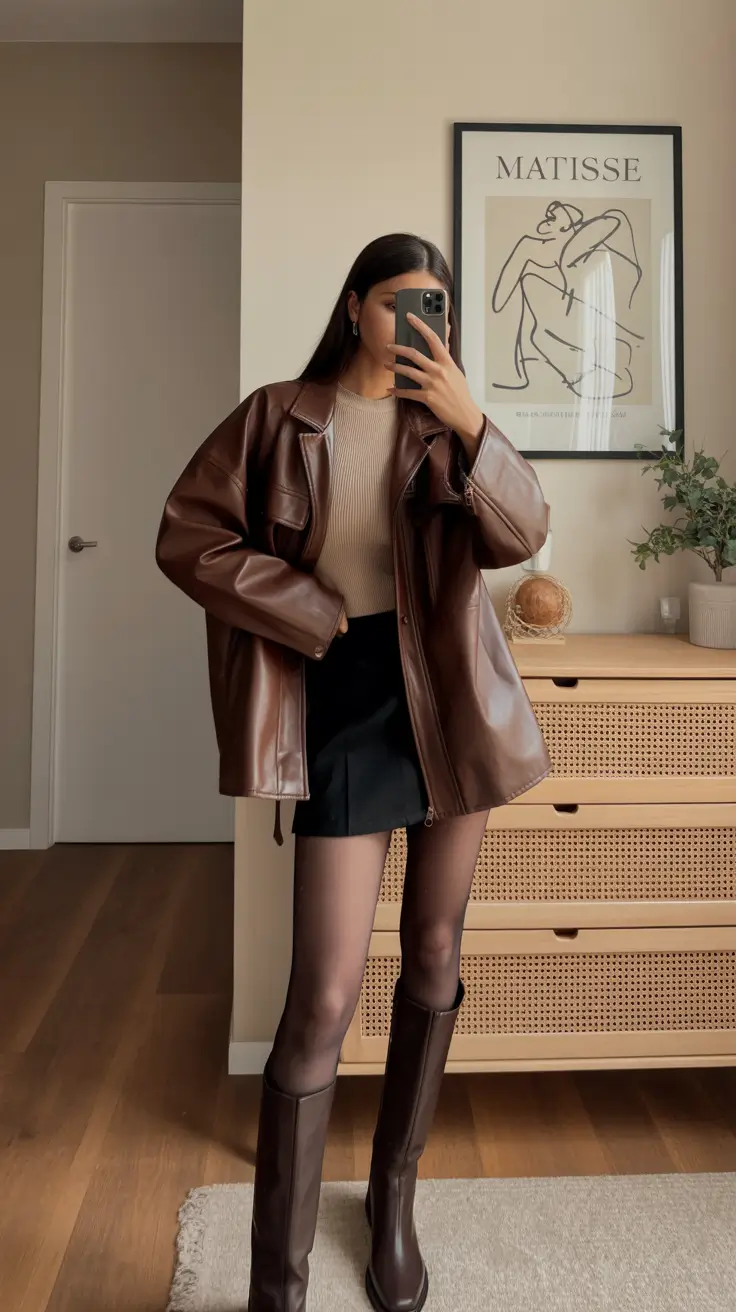 Stylish New York outfits 2026 Brown Leather and Mini Skirt Energy