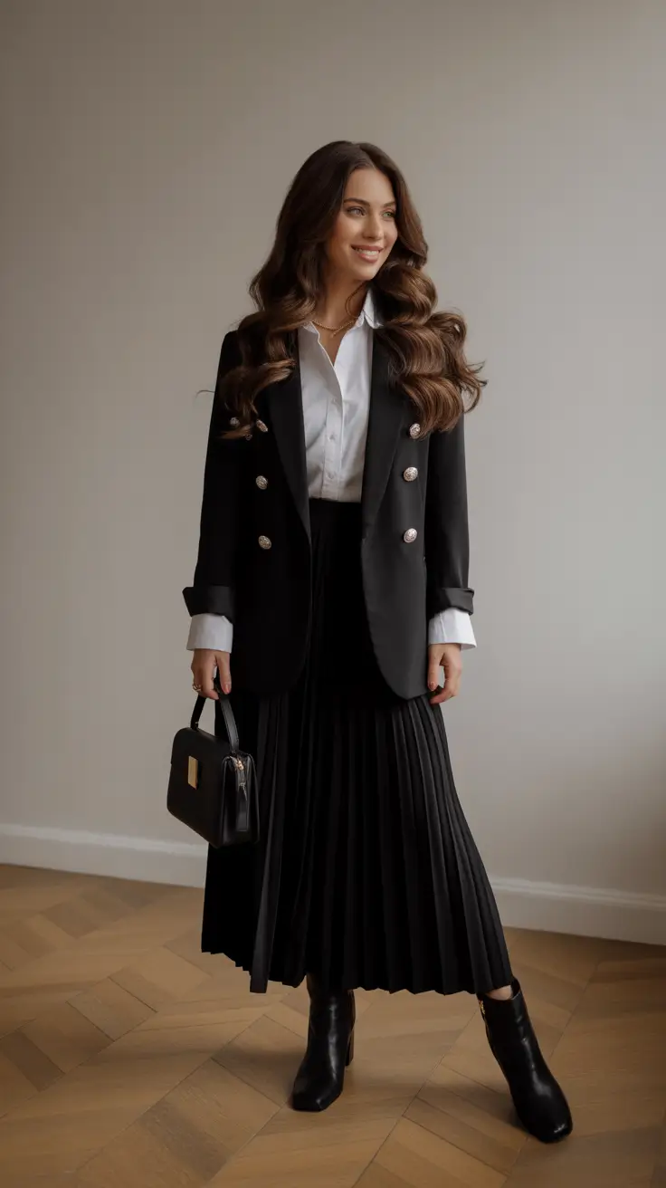Trendy everyday outfits 2026 Power Pleats and Blazer Dreams