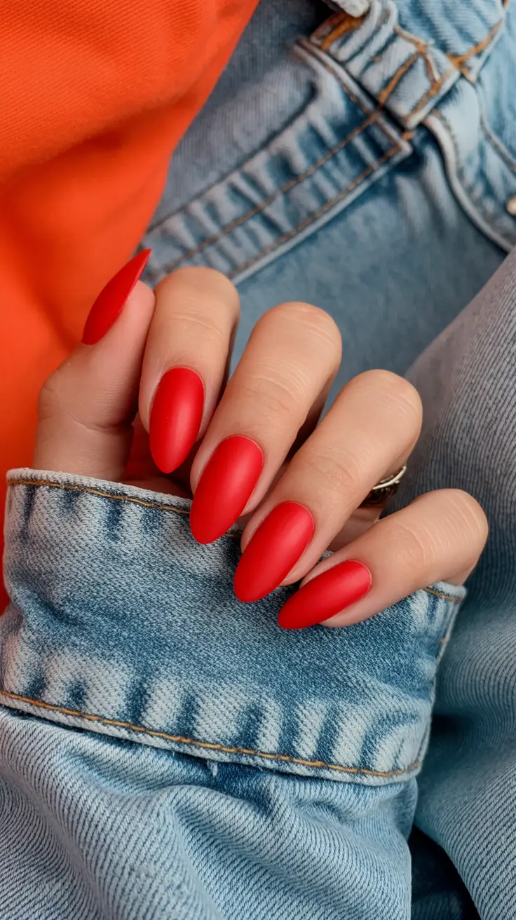 acrylic nail designs 2026 Matte Red Almond Nails